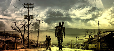 Персонаж с собакой с оружием на фоне разрушенного города в Fallout 3.